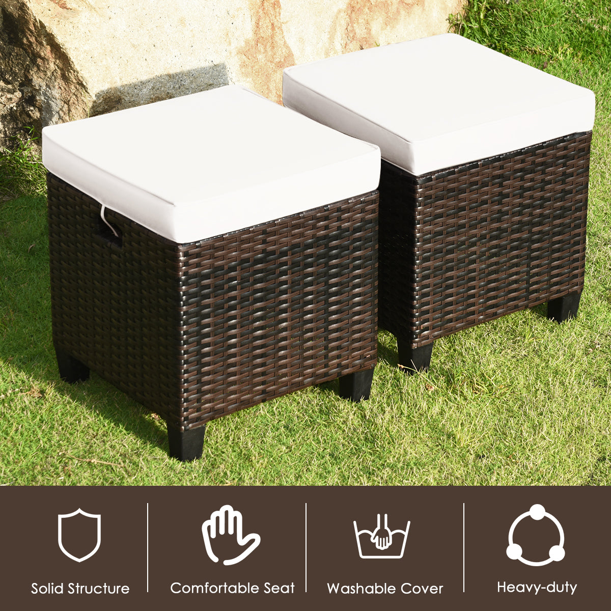 2 Pieces Patio Rattan Ottoman Cushioned Seat, Cream White Outdoor Seating & Patio Chairs at Gallery Canada