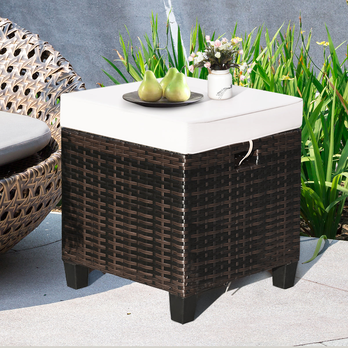 2 Pieces Patio Rattan Ottoman Cushioned Seat, Cream White Outdoor Seating & Patio Chairs at Gallery Canada