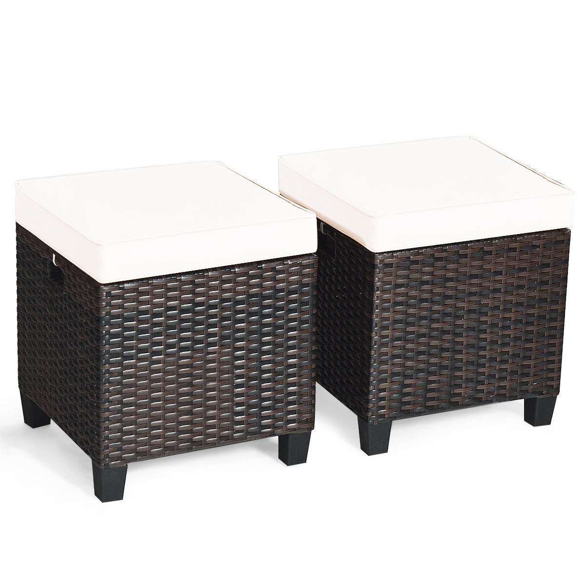2 Pieces Patio Rattan Ottoman Cushioned Seat, Cream White Outdoor Seating & Patio Chairs Beige at Gallery Canada