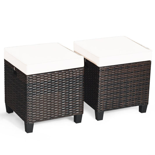 2 Pieces Patio Rattan Ottoman Cushioned Seat, Cream White