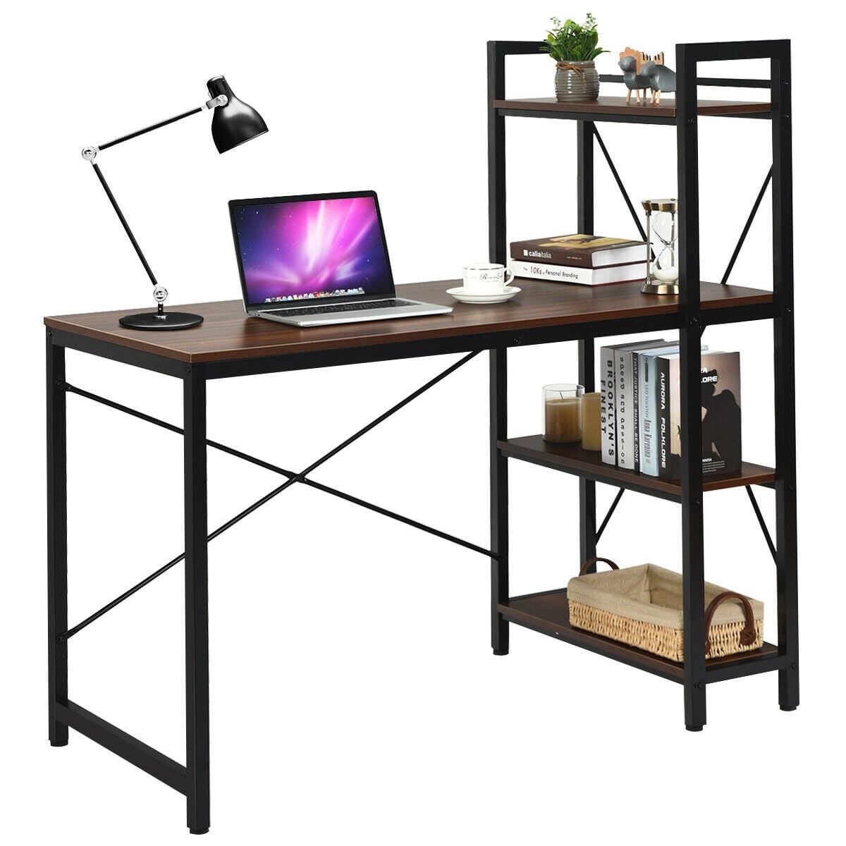 47.5 Inch Writing Study Computer Desk, 4-Tier Shelves, Tan Computer Desks at Gallery Canada