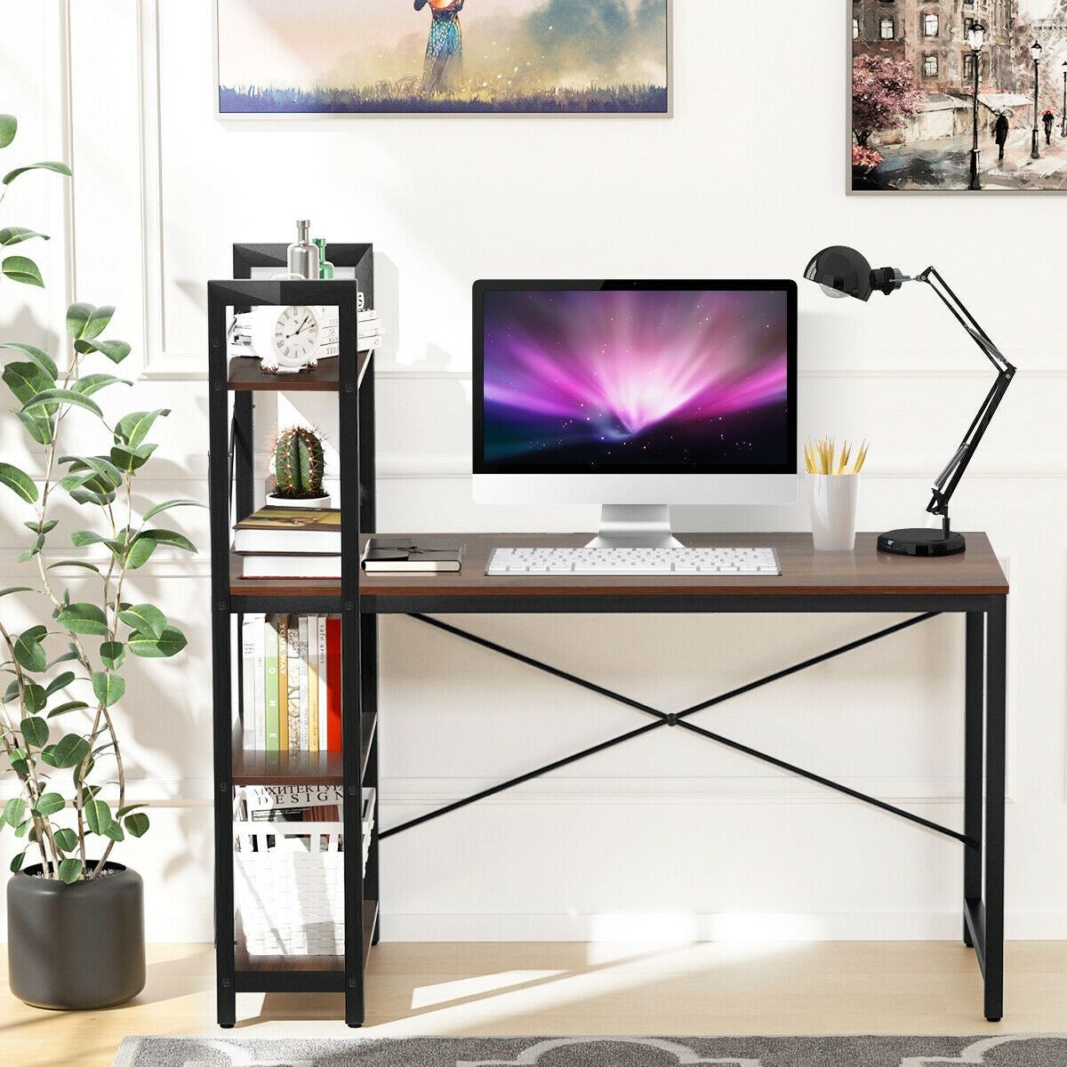 47.5 Inch Writing Study Computer Desk, 4-Tier Shelves, Tan Computer Desks at Gallery Canada