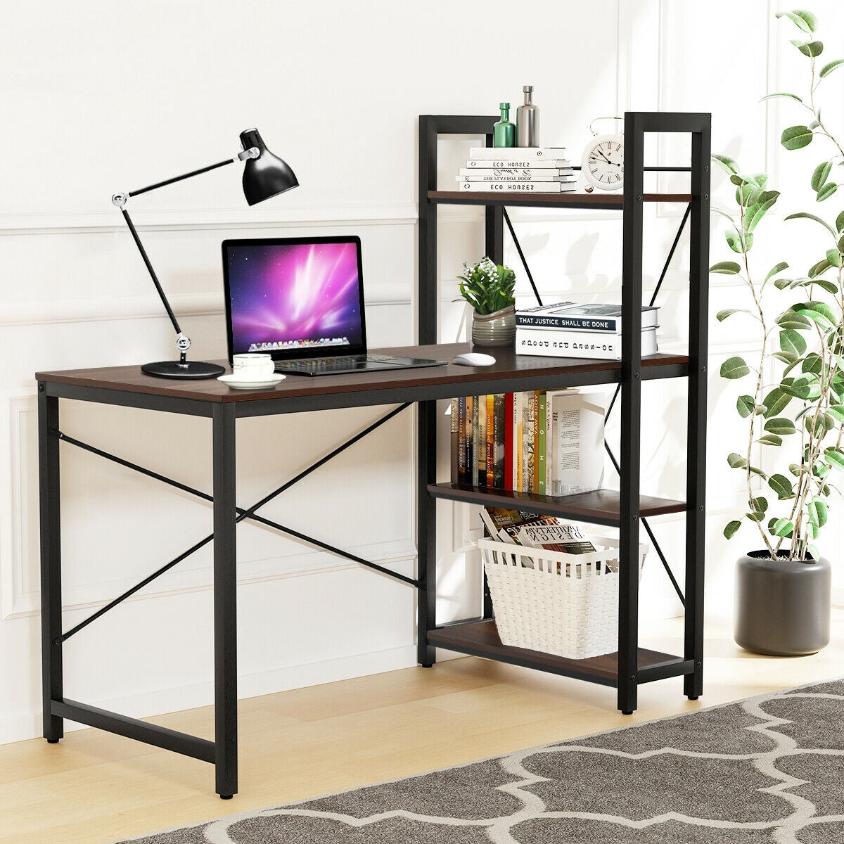 47.5 Inch Writing Study Computer Desk, 4-Tier Shelves, Tan Computer Desks at Gallery Canada