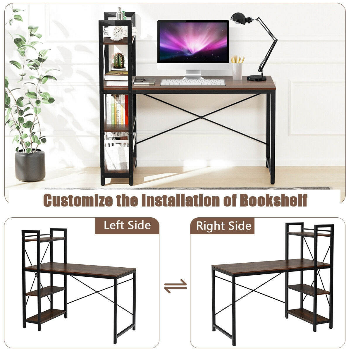 47.5 Inch Writing Study Computer Desk, 4-Tier Shelves, Tan Computer Desks at Gallery Canada