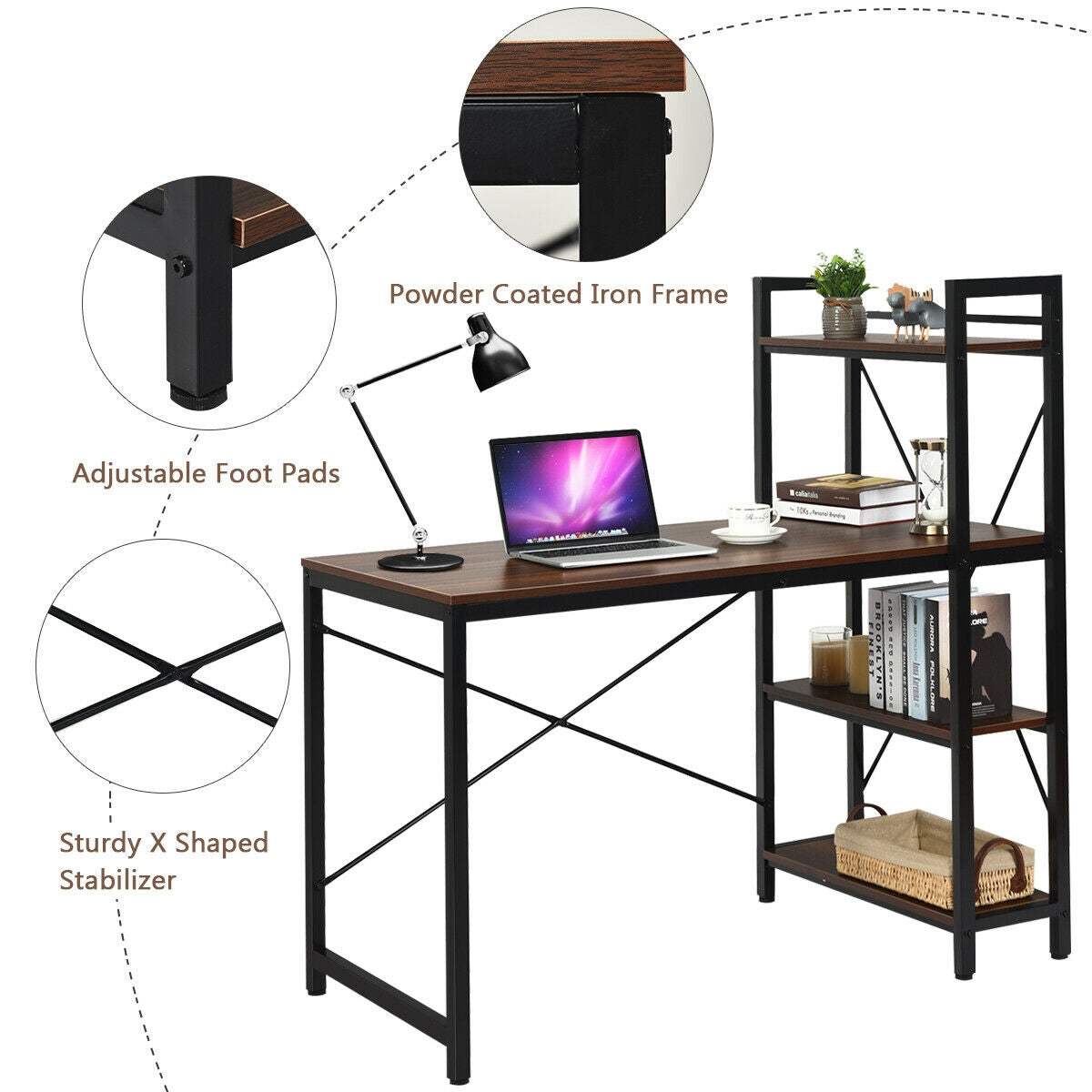 47.5 Inch Writing Study Computer Desk, 4-Tier Shelves, Tan Computer Desks at Gallery Canada