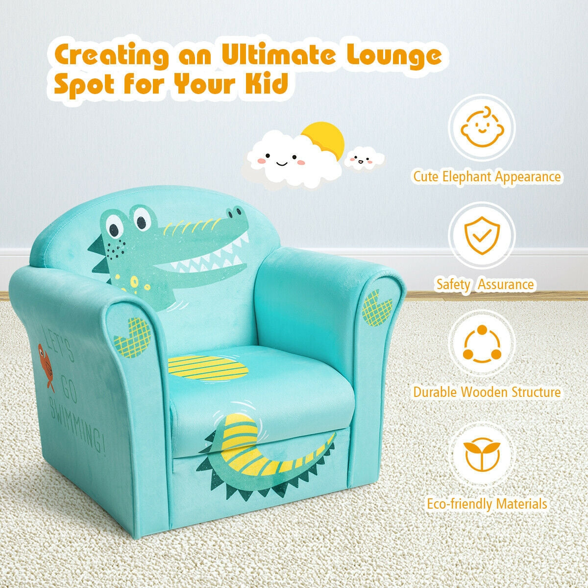 Kids Crocodile Armrest Upholstered Couch, Green Kids Chairs & Seating at Gallery Canada