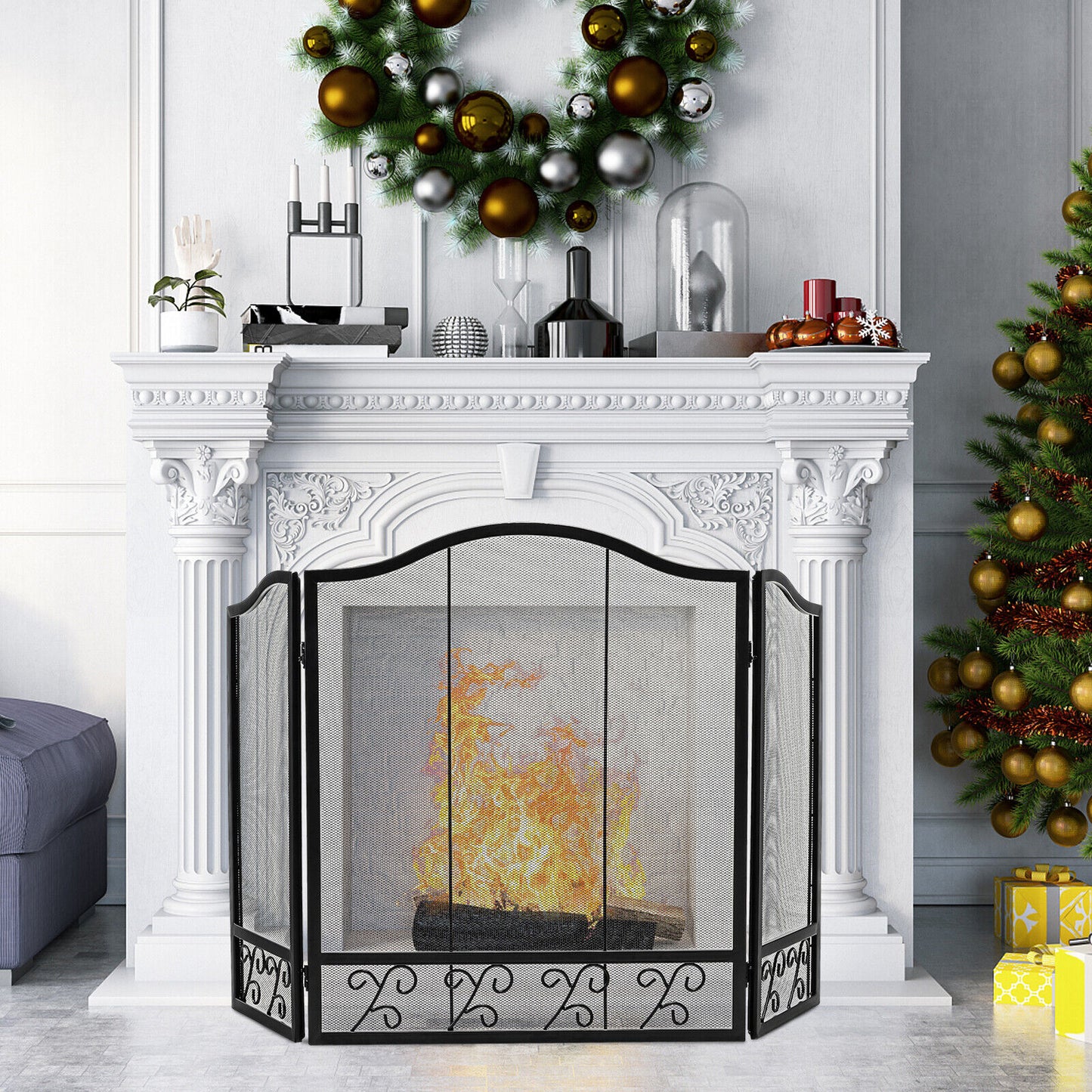 3-Panel Fireplace Screen Spark Guard, Black