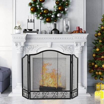 3-Panel Fireplace Screen Spark Guard, Black