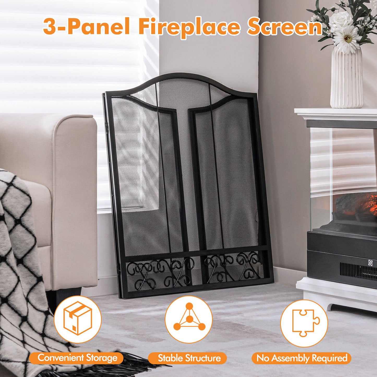3-Panel Fireplace Screen Spark Guard, Black