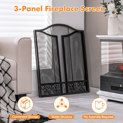 3-Panel Fireplace Screen Spark Guard, Black