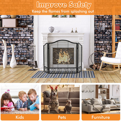3-Panel Fireplace Screen Spark Guard, Black