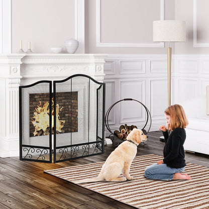 3-Panel Fireplace Screen Spark Guard, Black