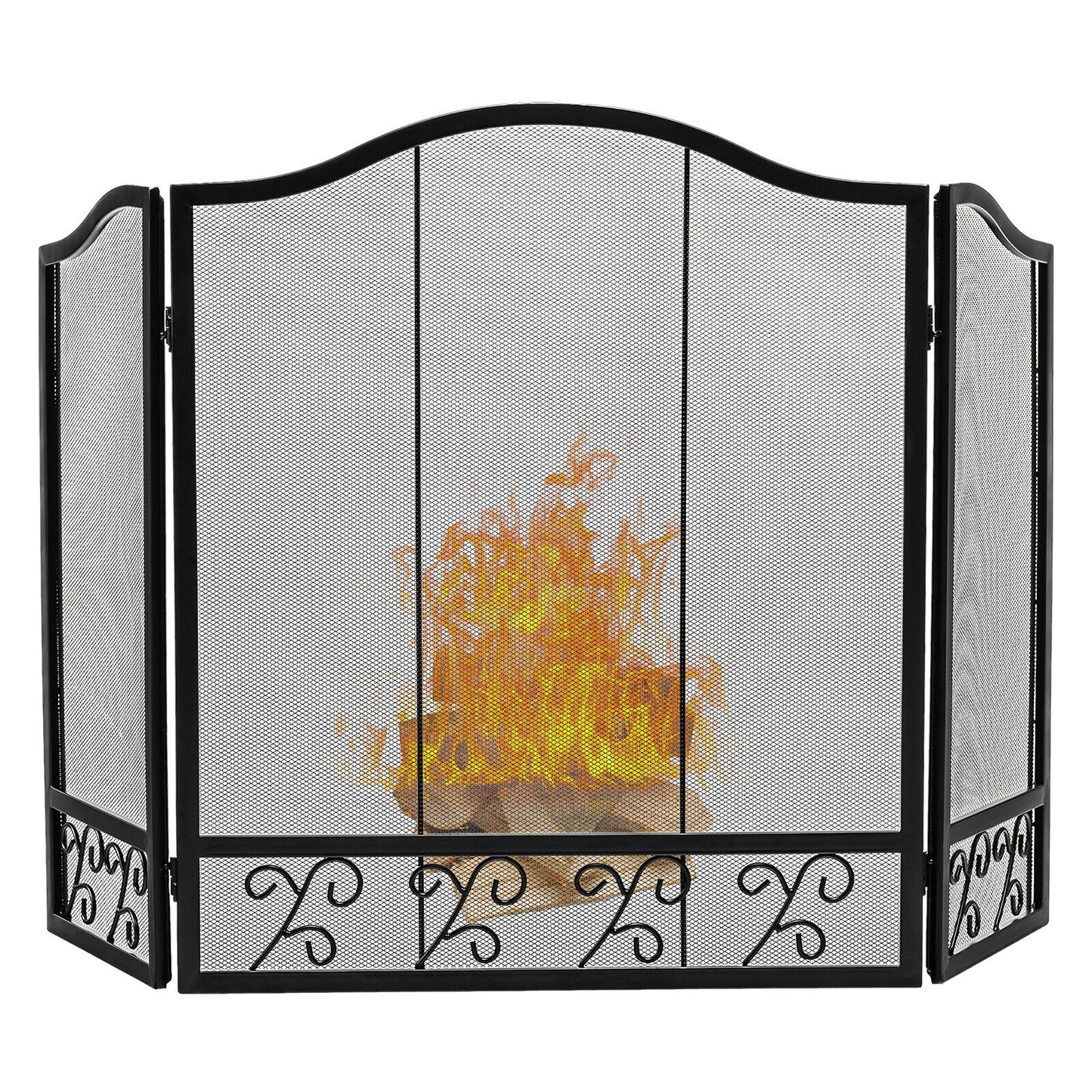 3-Panel Fireplace Screen Spark Guard, Black