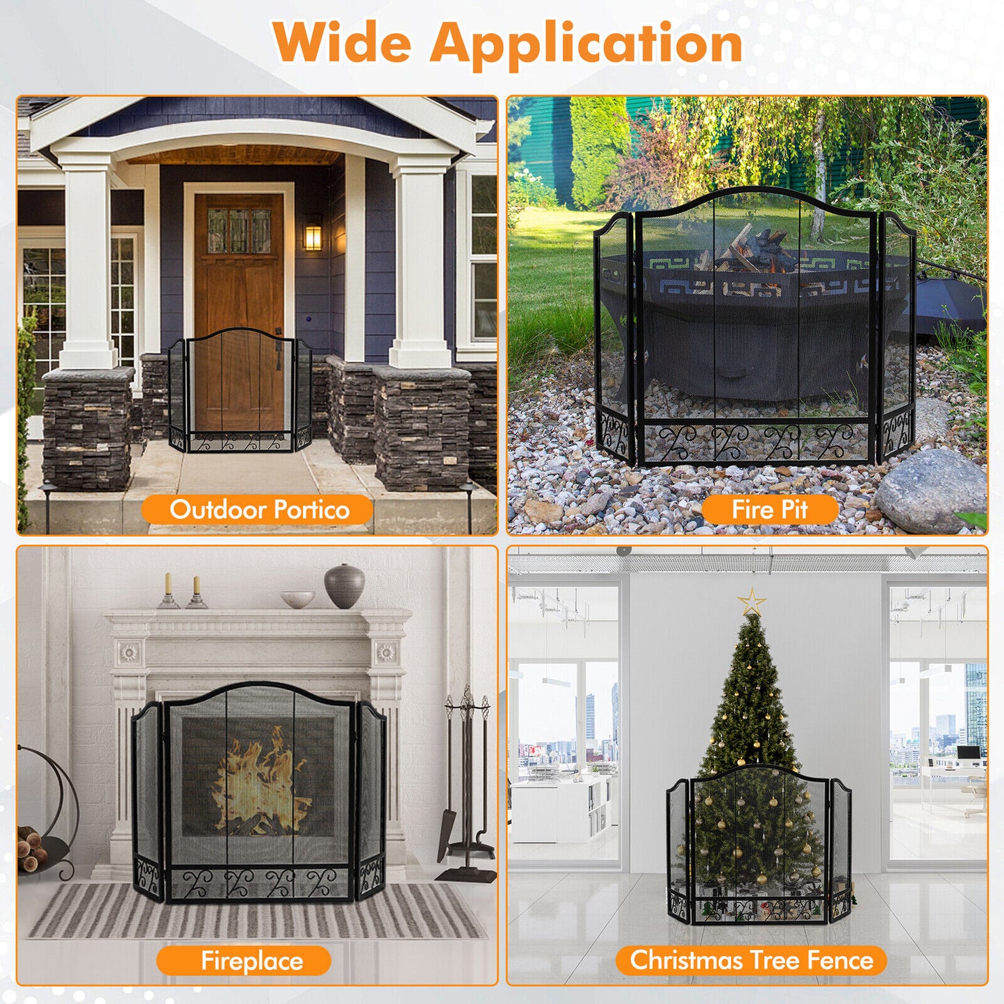 3-Panel Fireplace Screen Spark Guard, Black