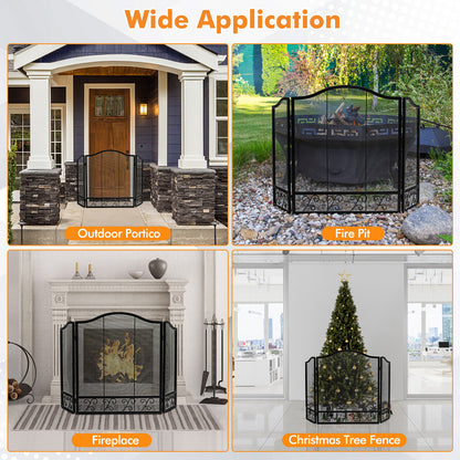 3-Panel Fireplace Screen Spark Guard, Black