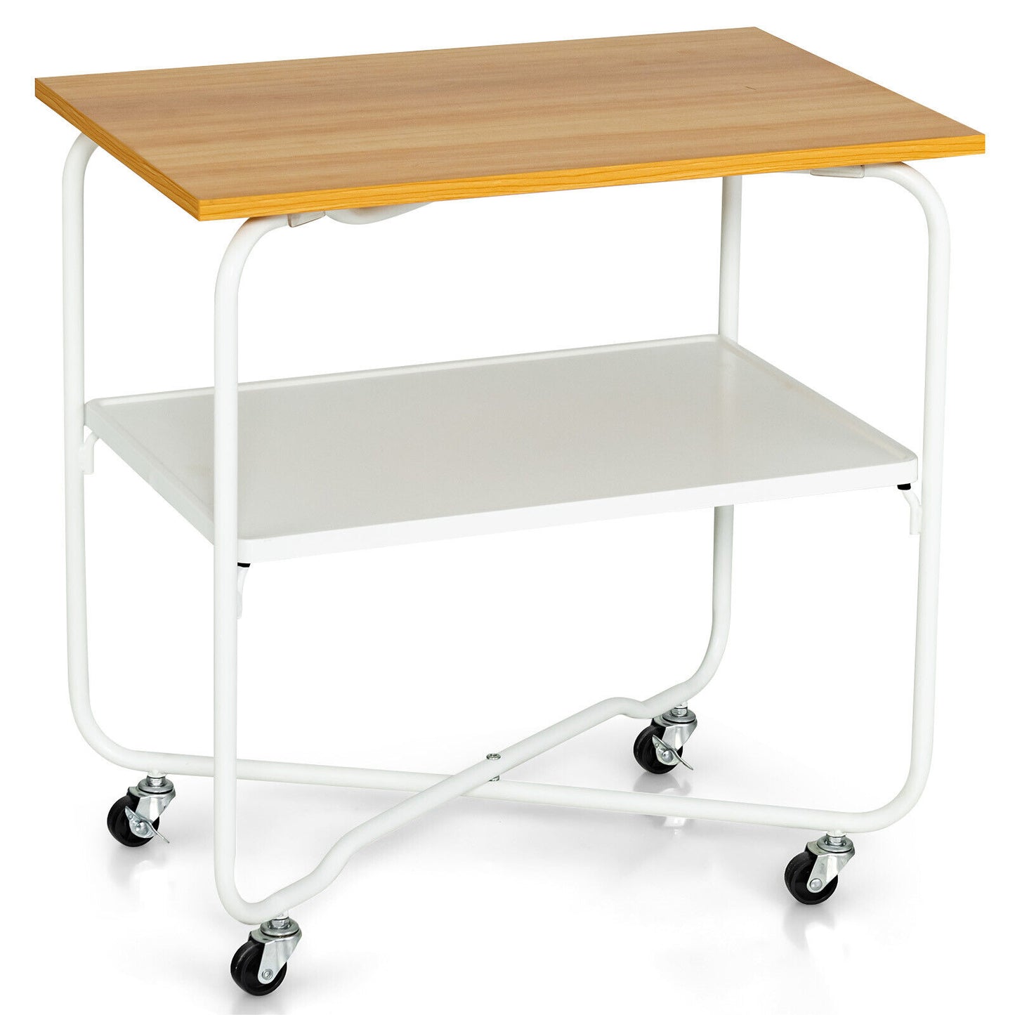 2-Tier End Table, Metal Shelf, Foldable Frame, Natural