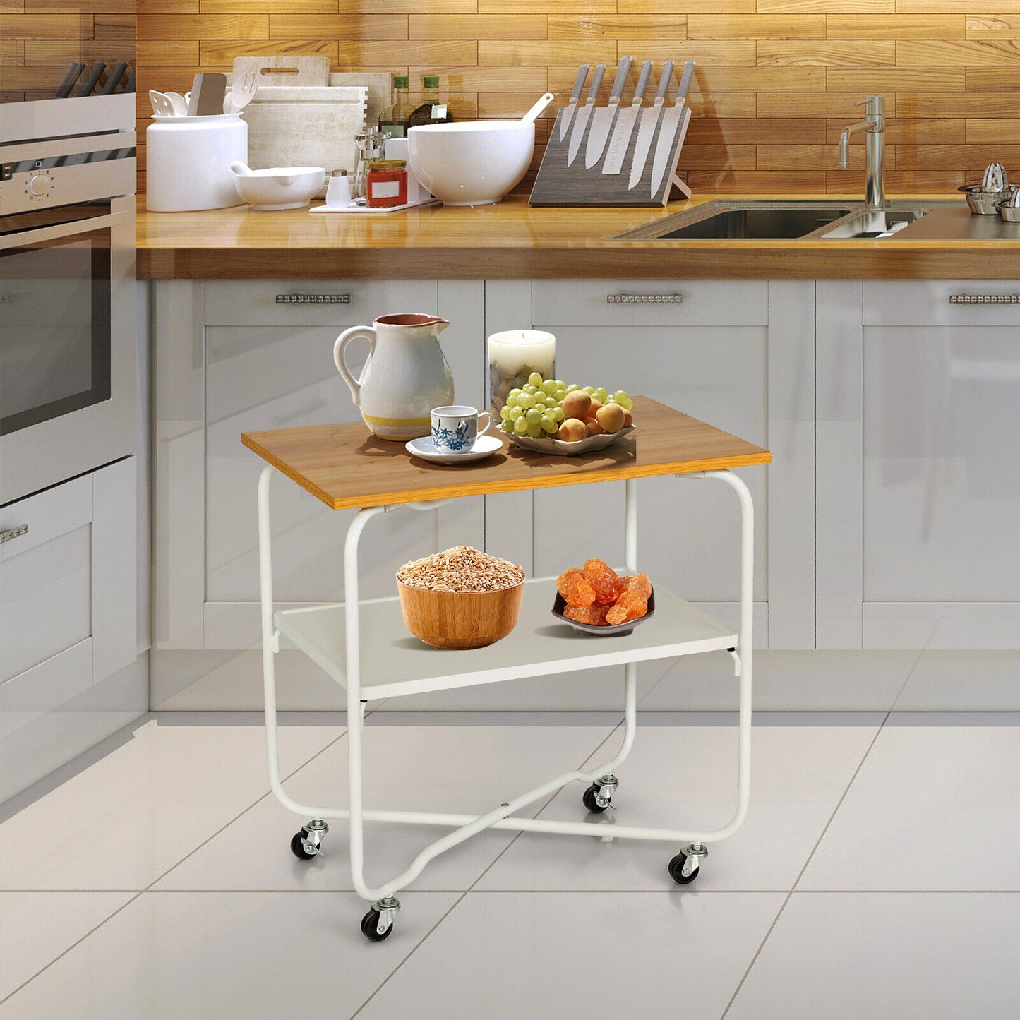 2-Tier End Table, Metal Shelf, Foldable Frame, Natural