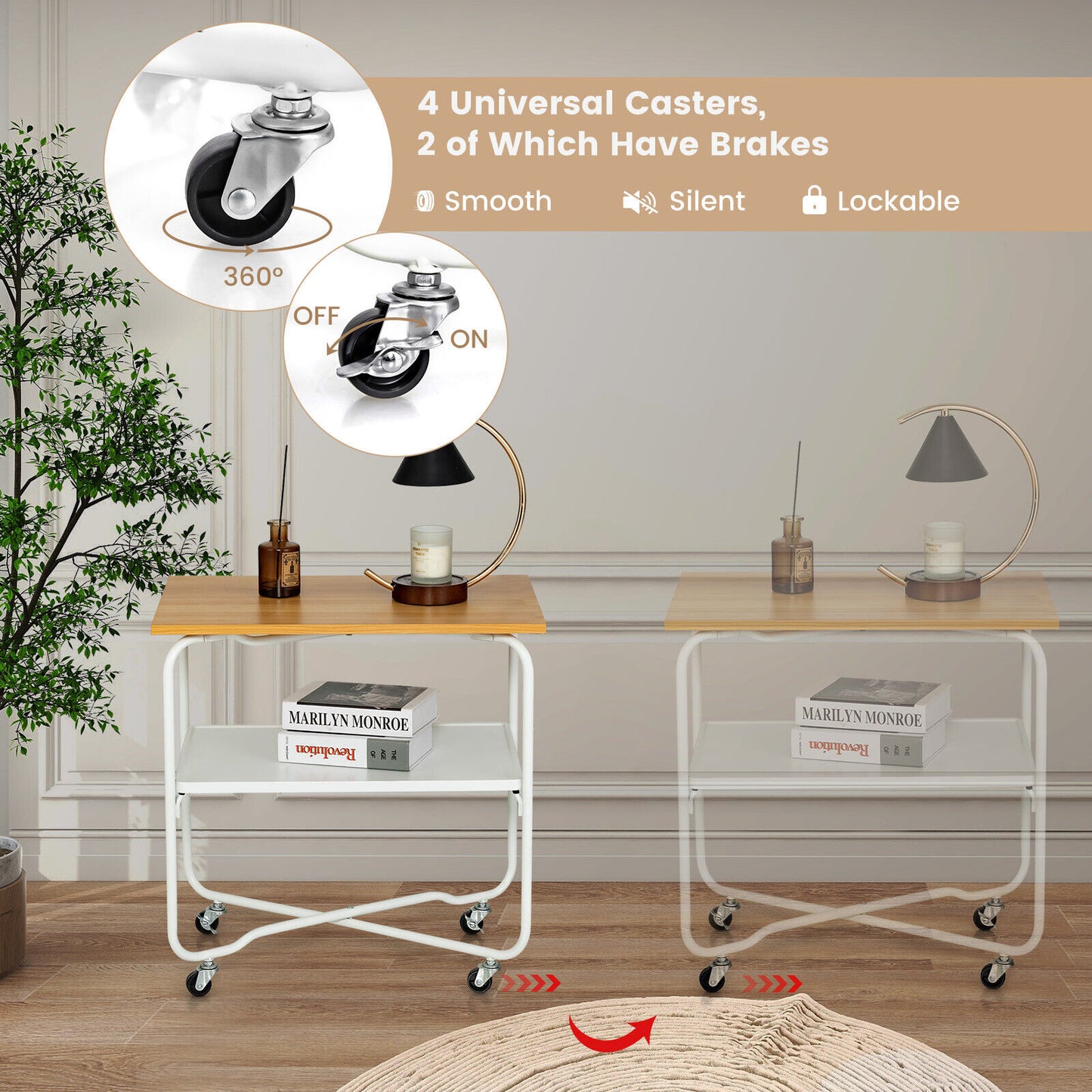 2-Tier End Table, Metal Shelf, Foldable Frame, Natural