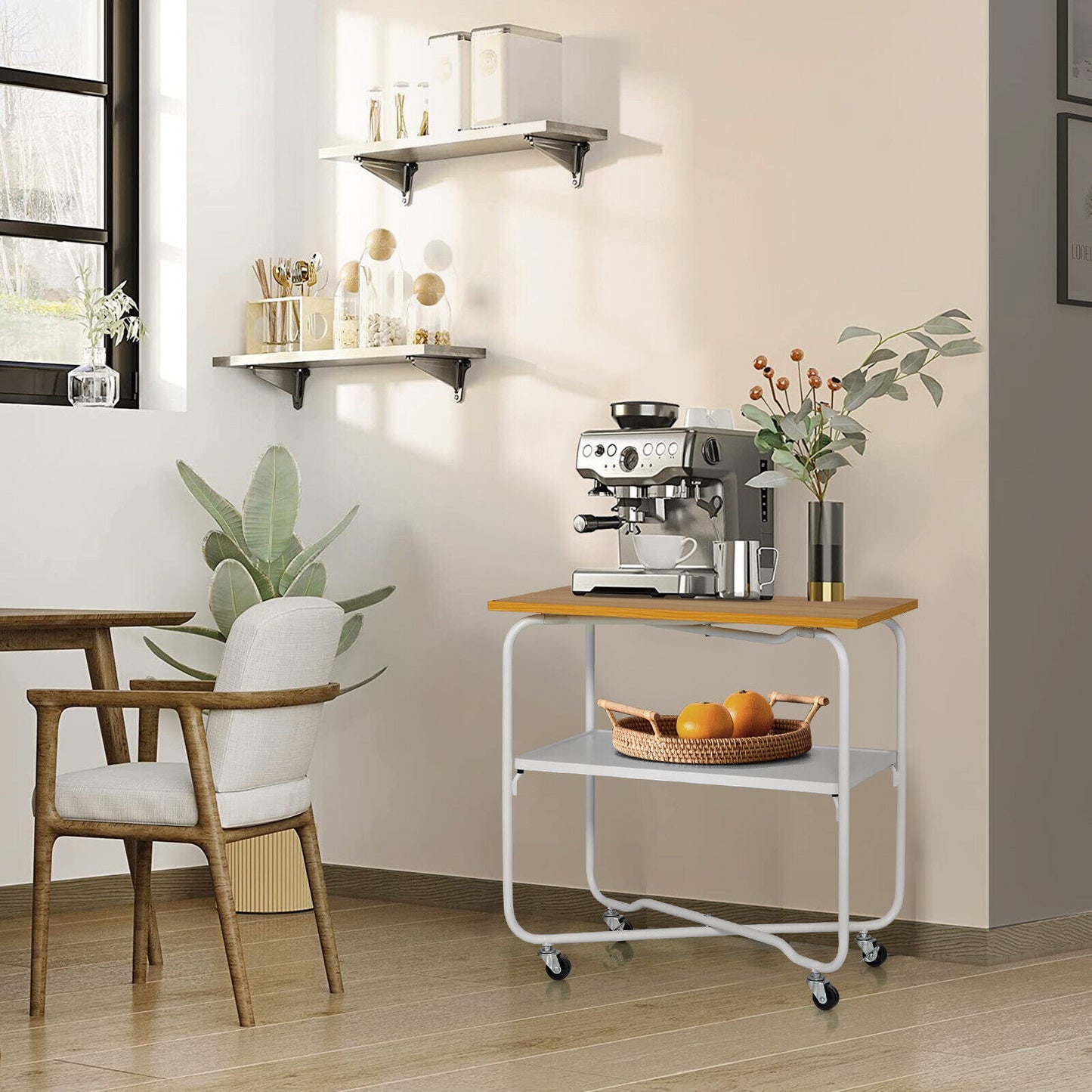 2-Tier End Table, Metal Shelf, Foldable Frame, Natural