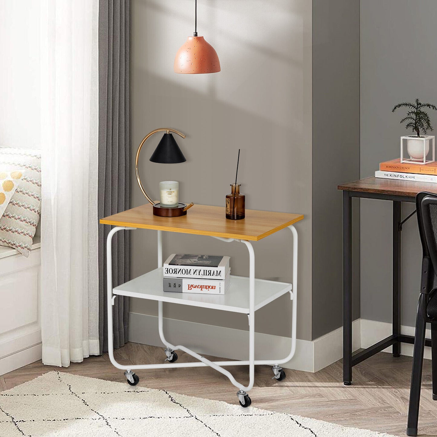 2-Tier End Table, Metal Shelf, Foldable Frame, Natural