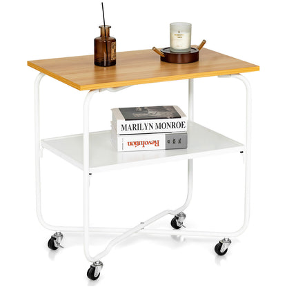 2-Tier End Table, Metal Shelf, Foldable Frame, Natural