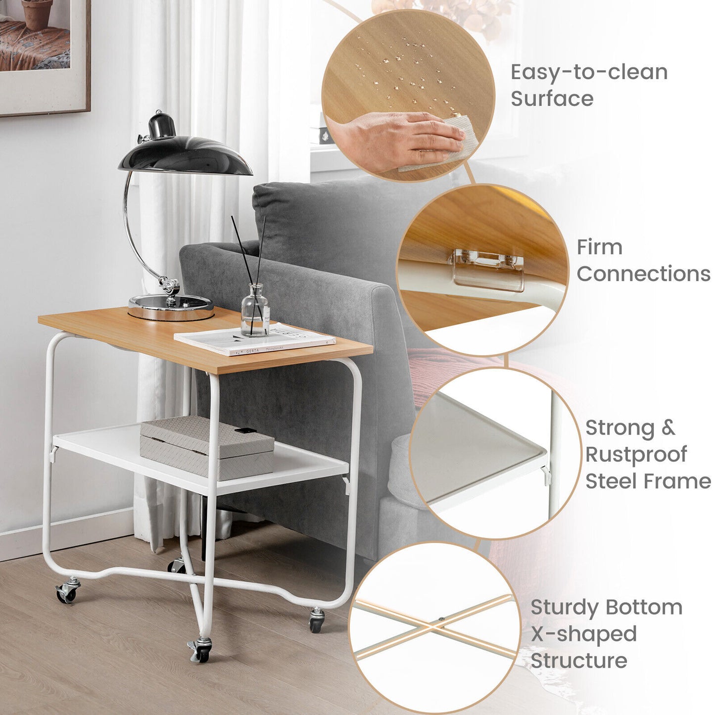 2-Tier End Table, Metal Shelf, Foldable Frame, Natural