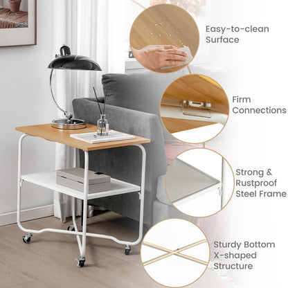 2-Tier End Table, Metal Shelf, Foldable Frame, Natural