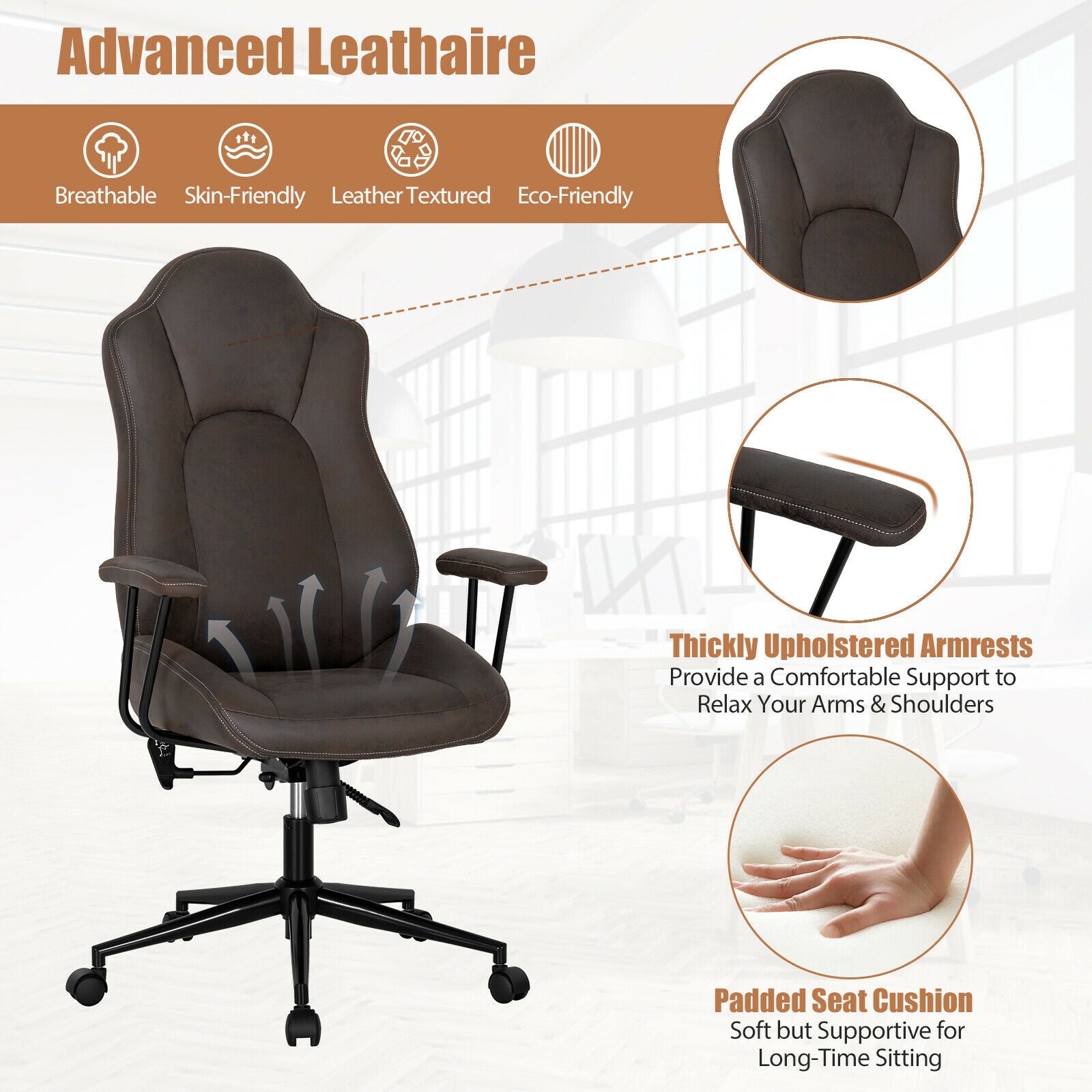 High Adjustable Back Executive Office Chair with Armrest, Brown Executive Chairs at Gallery Canada