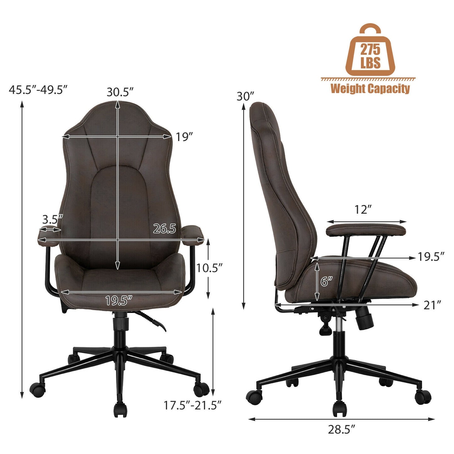 High Adjustable Back Executive Office Chair with Armrest, Brown Executive Chairs at Gallery Canada