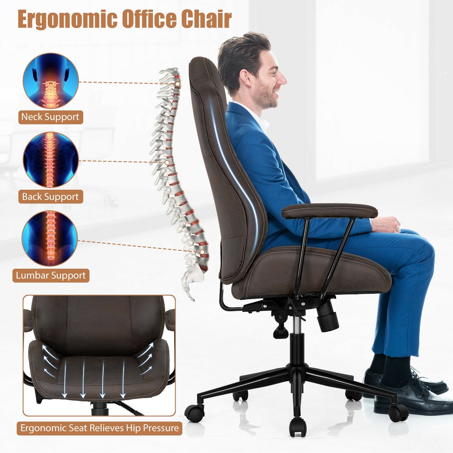 High Adjustable Back Executive Office Chair with Armrest, Brown Executive Chairs at Gallery Canada