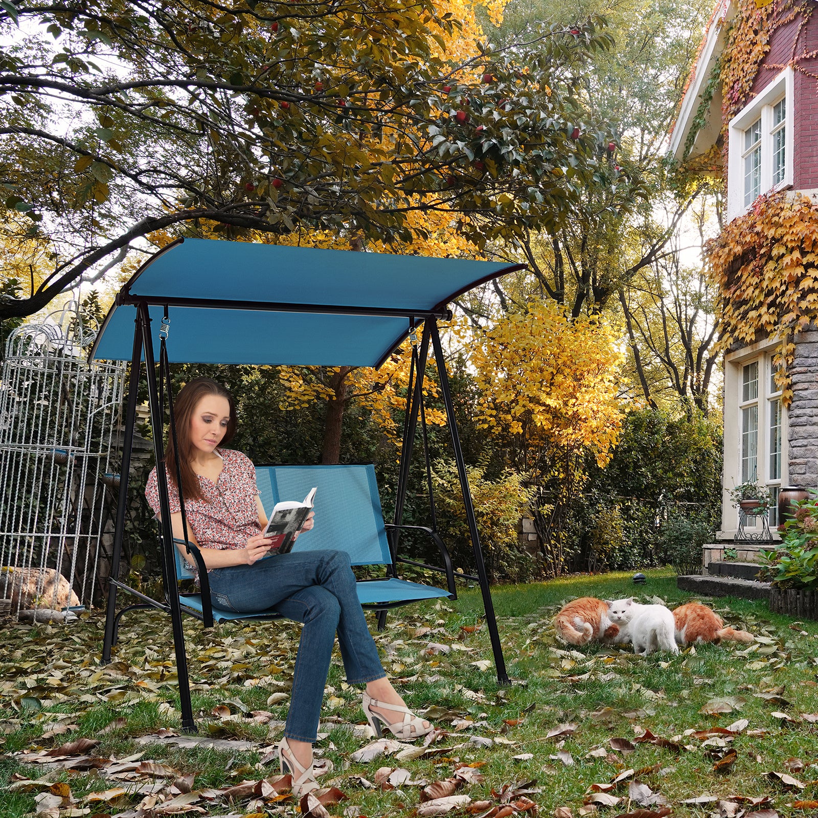 2-Seat Outdoor Canopy Swing with Comfortable Fabric Seat and Heavy-duty Metal Frame, Navy Porch Swings at Gallery Canada