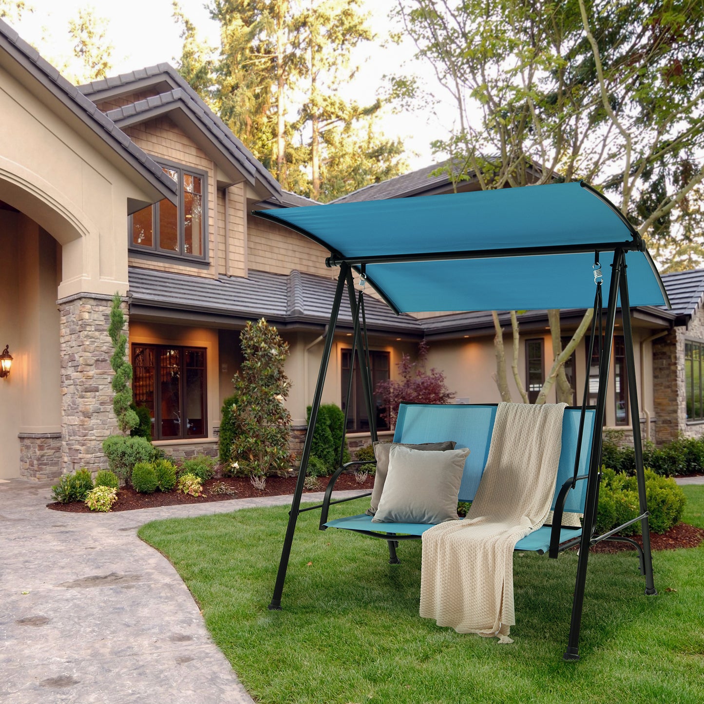 2-Seat Outdoor Canopy Swing with Comfortable Fabric Seat and Heavy-duty Metal Frame, Navy Porch Swings at Gallery Canada