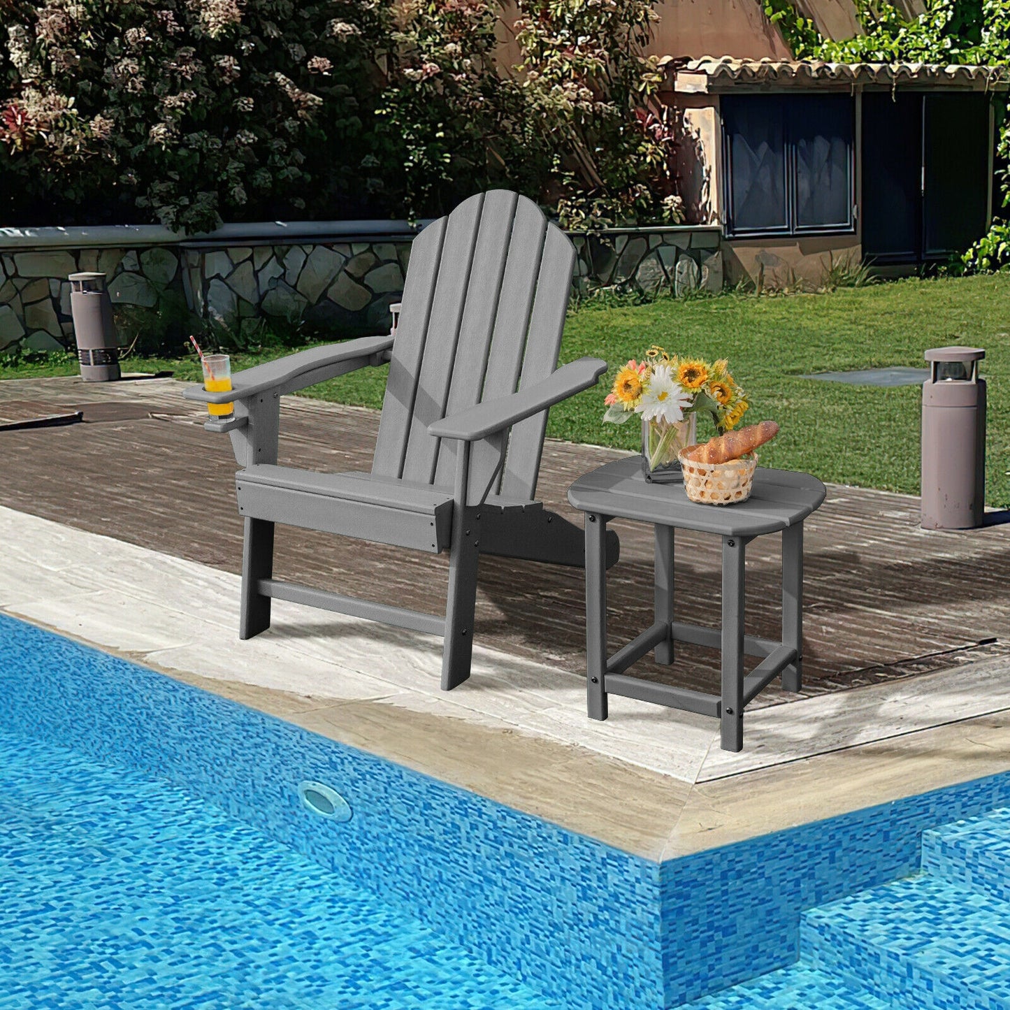 Outdoor Adirondack Chair with Built-in Cup Holder for Backyard Porch, Gray Adirondack Chairs at Gallery Canada