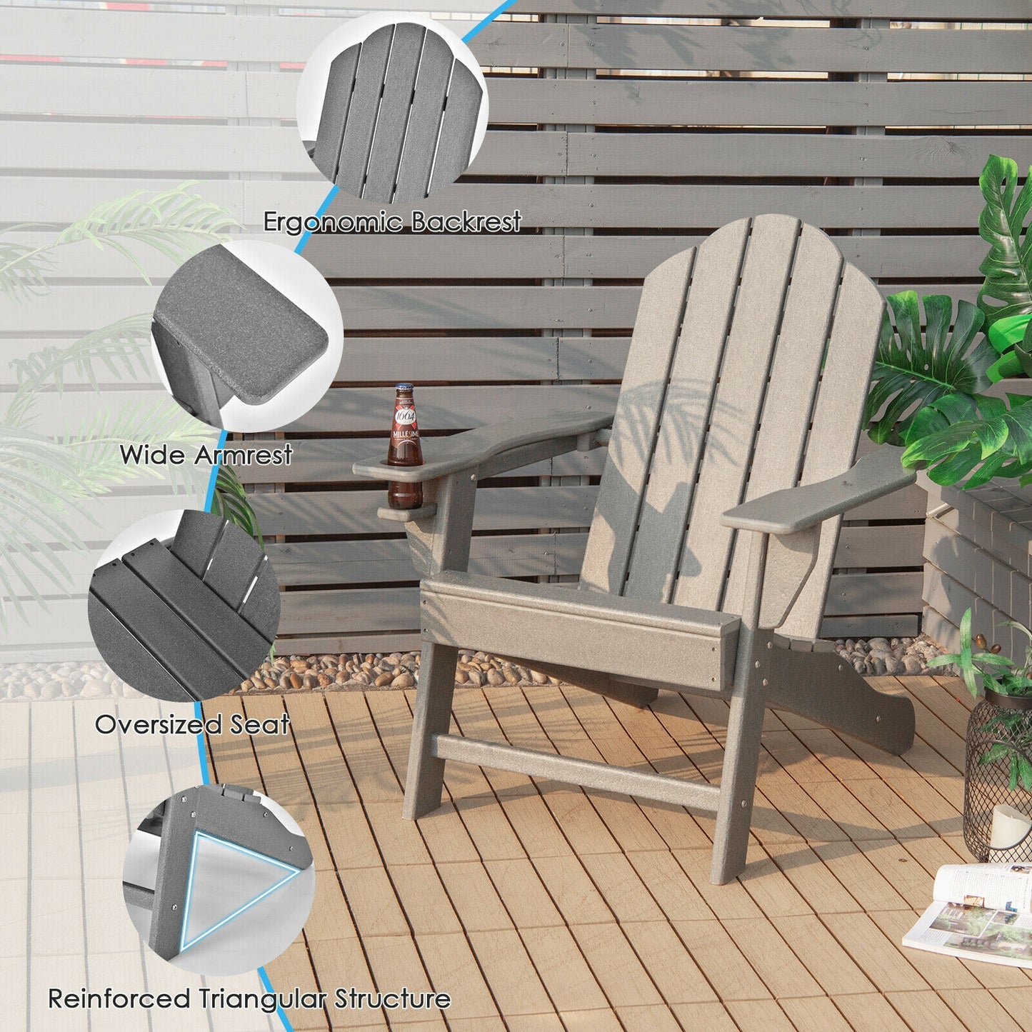 Outdoor Adirondack Chair with Built-in Cup Holder for Backyard Porch, Gray Adirondack Chairs at Gallery Canada