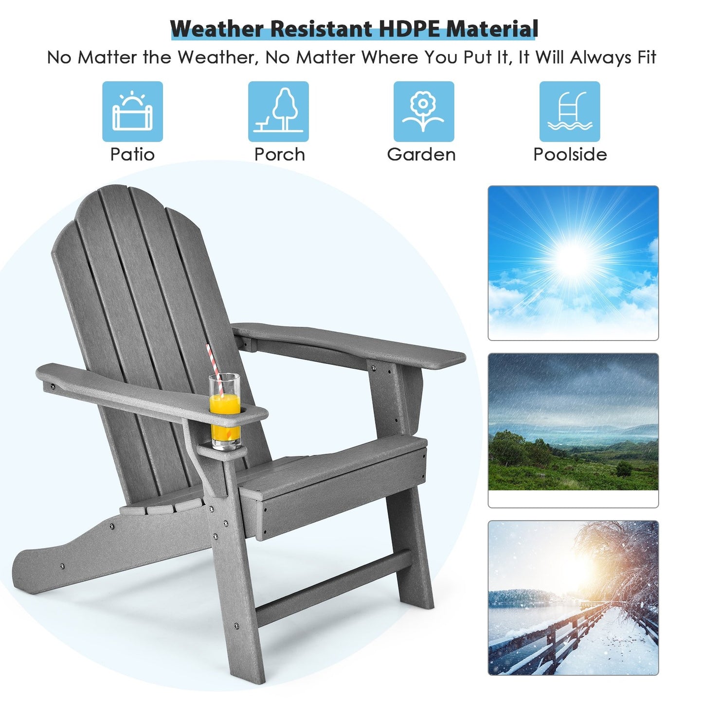 Outdoor Adirondack Chair with Built-in Cup Holder for Backyard Porch, Gray Adirondack Chairs at Gallery Canada
