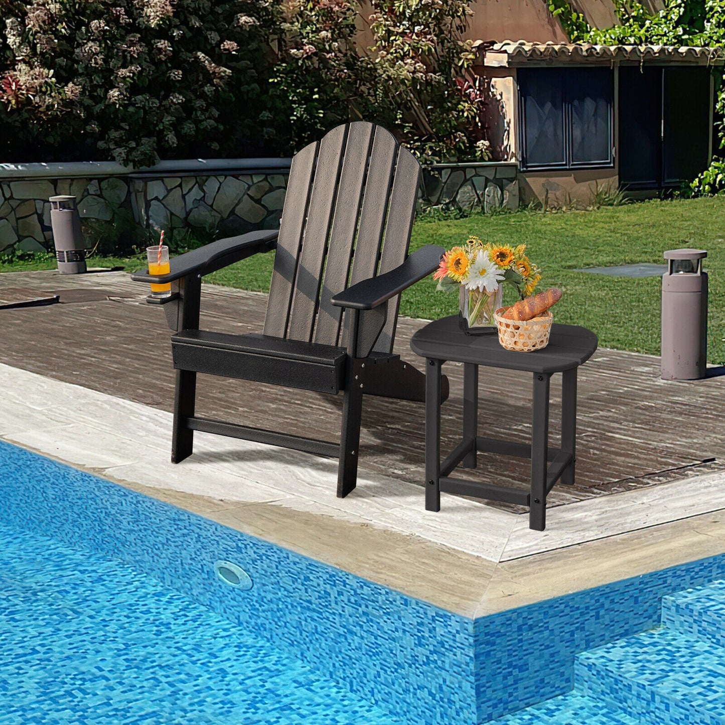 Outdoor Adirondack Chair with Built-in Cup Holder for Backyard Porch, Black Adirondack Chairs at Gallery Canada