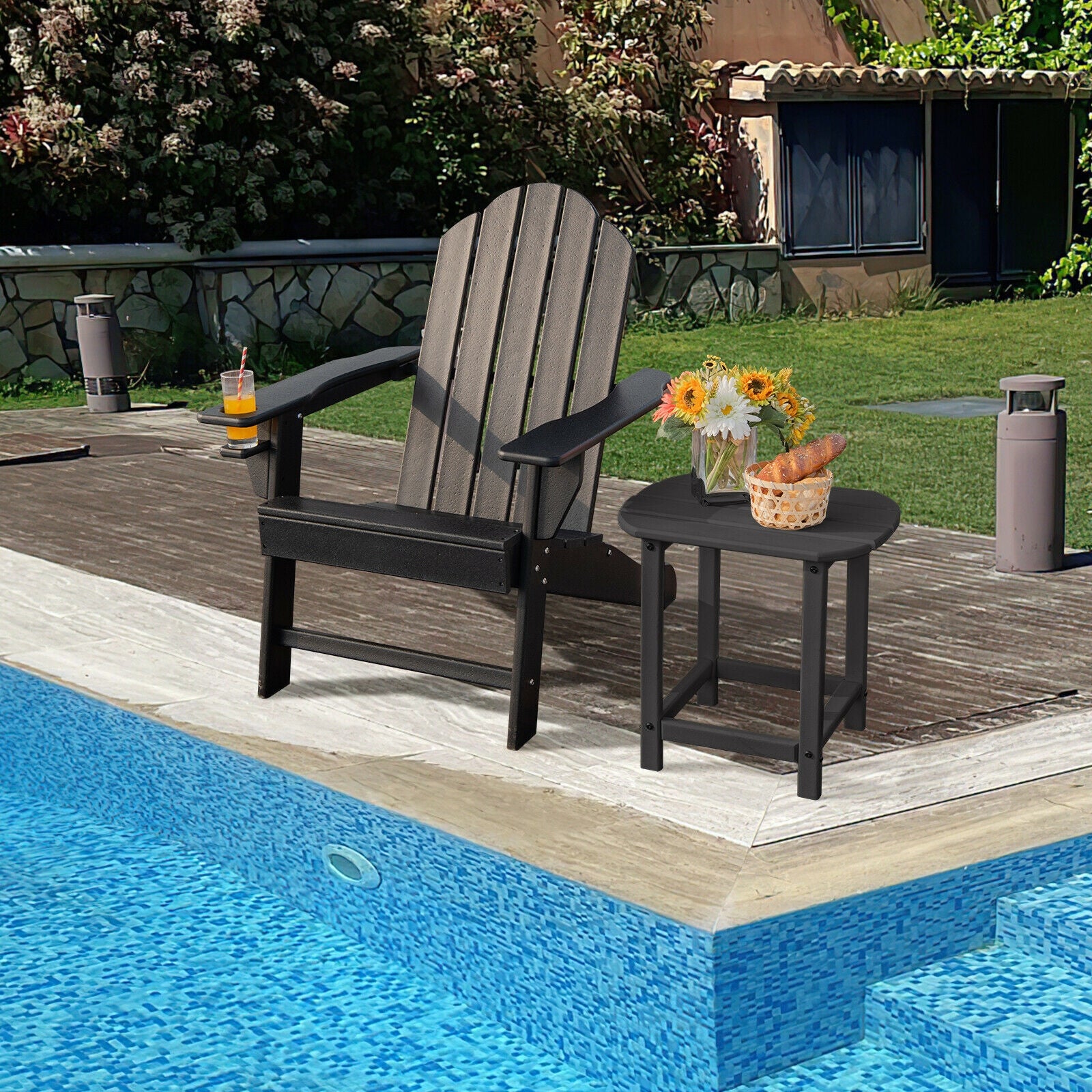 Outdoor Adirondack Chair with Built-in Cup Holder for Backyard Porch, Black Adirondack Chairs at Gallery Canada
