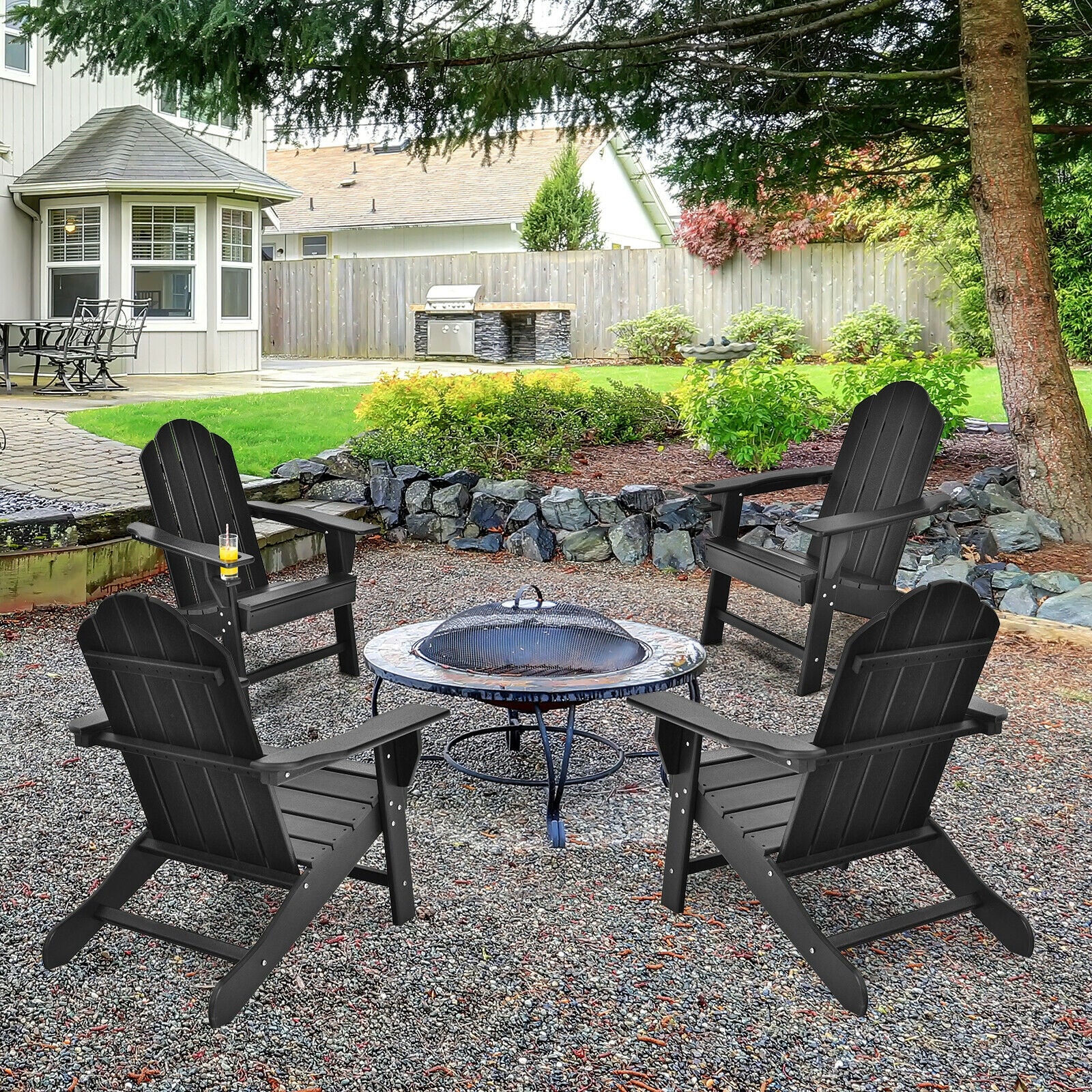 Outdoor Adirondack Chair with Built-in Cup Holder for Backyard Porch, Black Adirondack Chairs at Gallery Canada