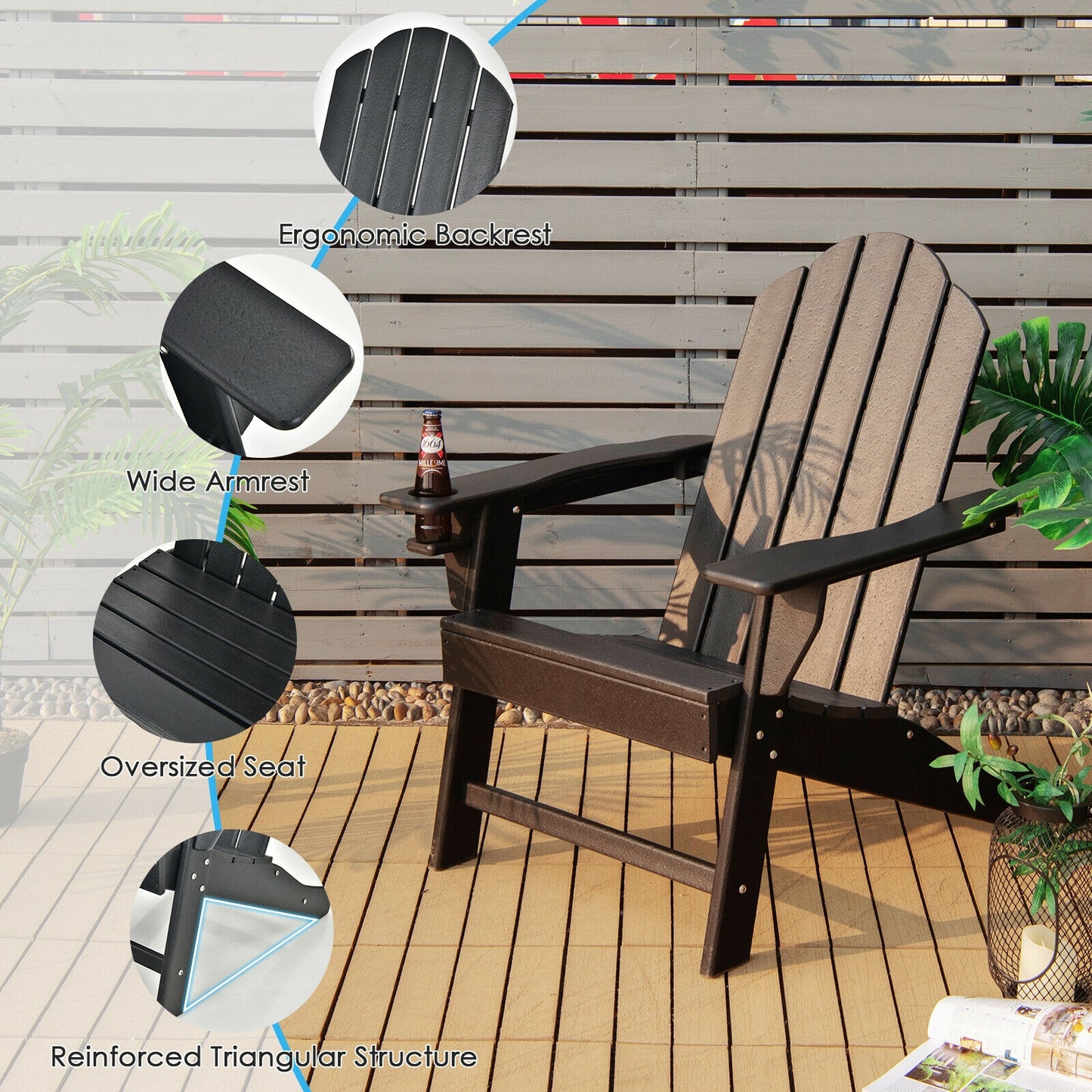 Outdoor Adirondack Chair with Built-in Cup Holder for Backyard Porch, Black Adirondack Chairs at Gallery Canada