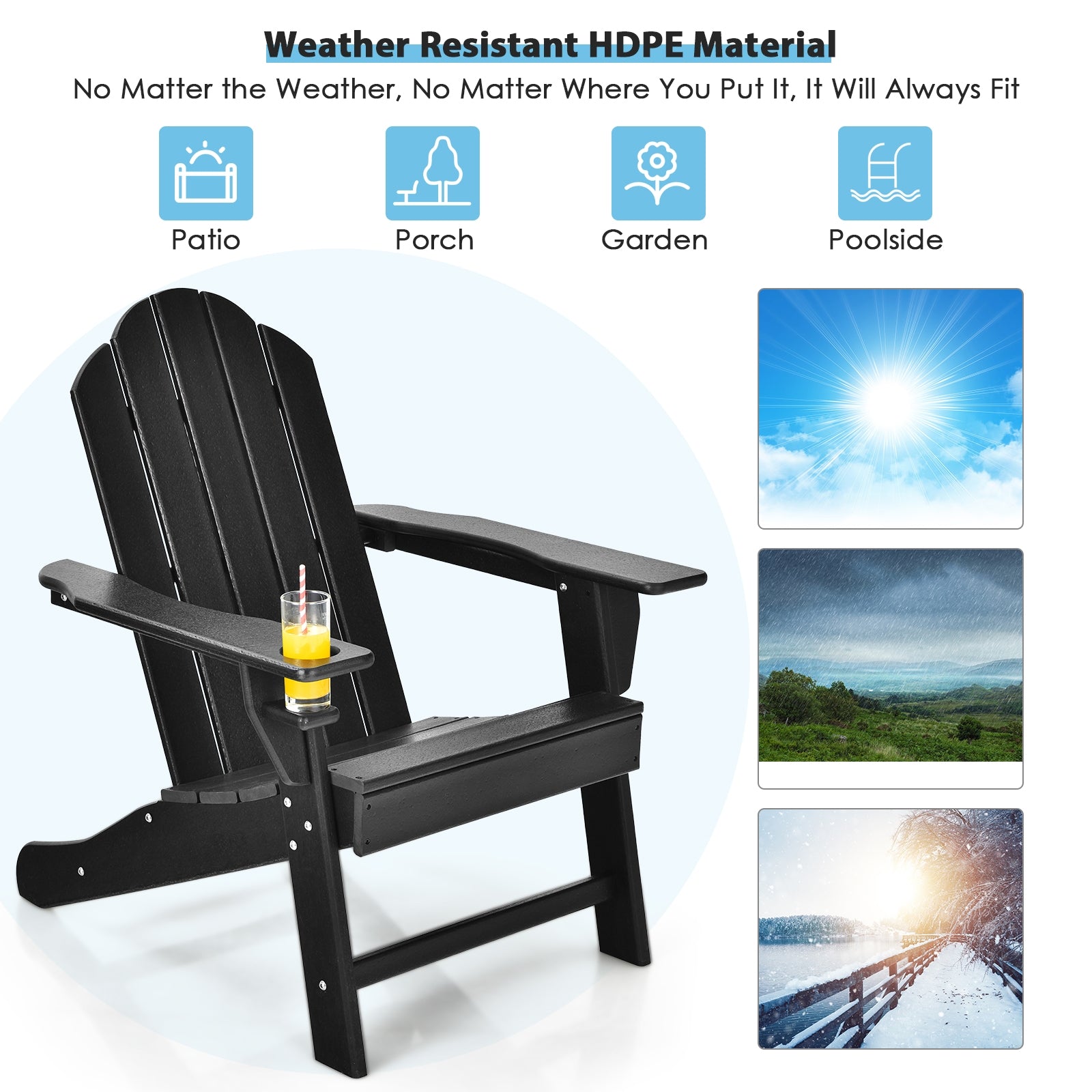 Outdoor Adirondack Chair with Built-in Cup Holder for Backyard Porch, Black Adirondack Chairs at Gallery Canada