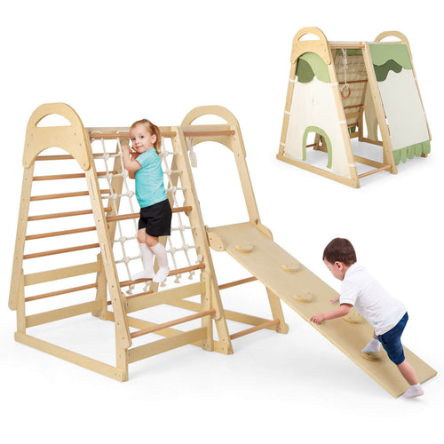 6-in-1 Wooden Kids Jungle Gym Playset with Slide Climbing Net, Natural