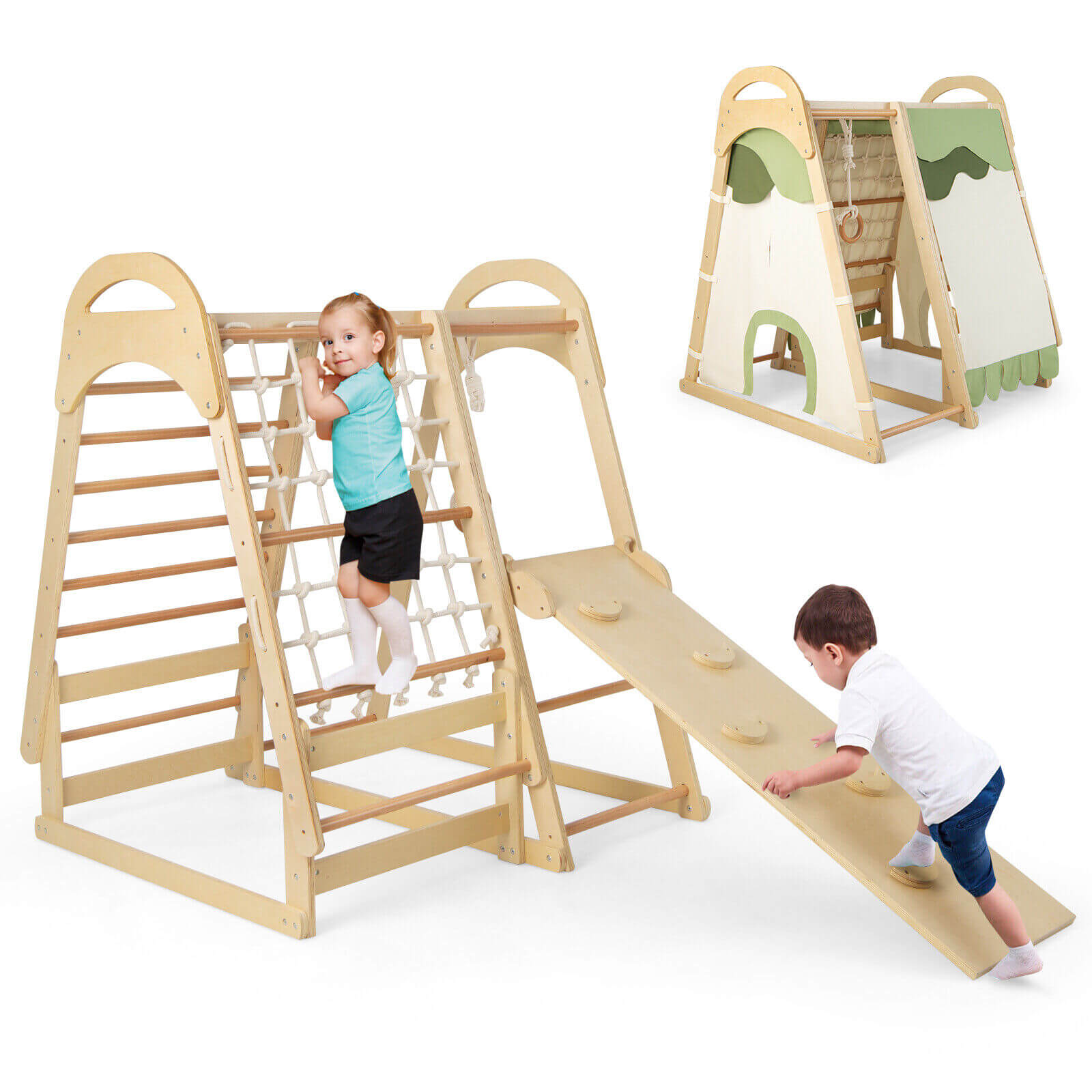 6-in-1 Wooden Kids Jungle Gym Playset with Slide Climbing Net, Natural Climbers & Slides at Gallery Canada