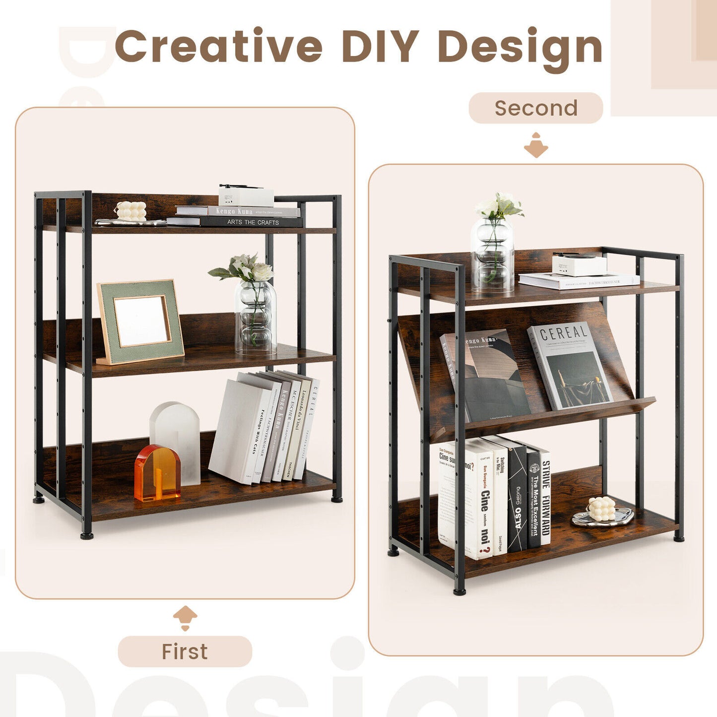 3/5-Tier Industrial Bookshelf Storage Shelf Display Rack with Adjustable Shelves-3-Tier, Brown Bookcases at Gallery Canada