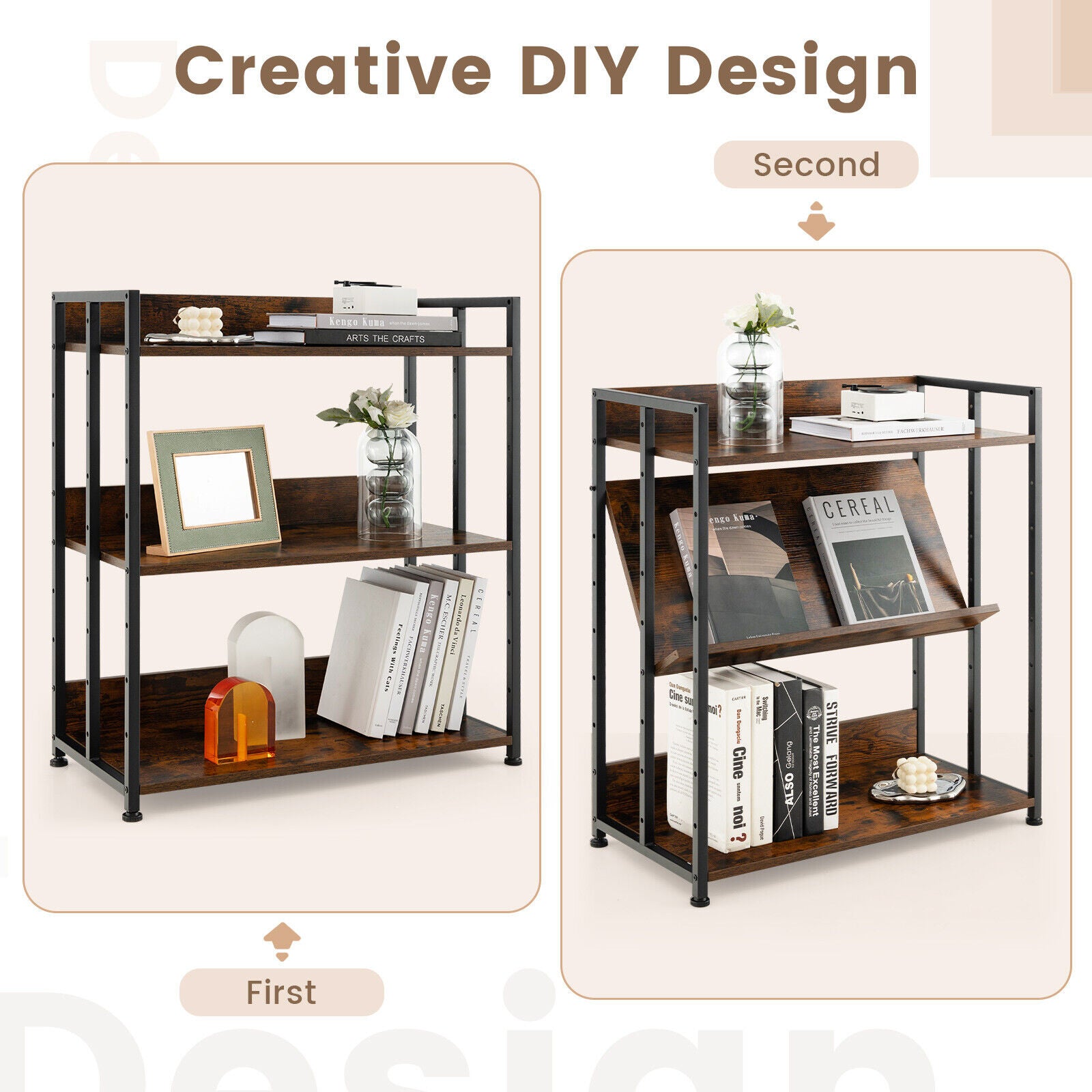 3/5-Tier Industrial Bookshelf Storage Shelf Display Rack with Adjustable Shelves-3-Tier, Brown Bookcases at Gallery Canada