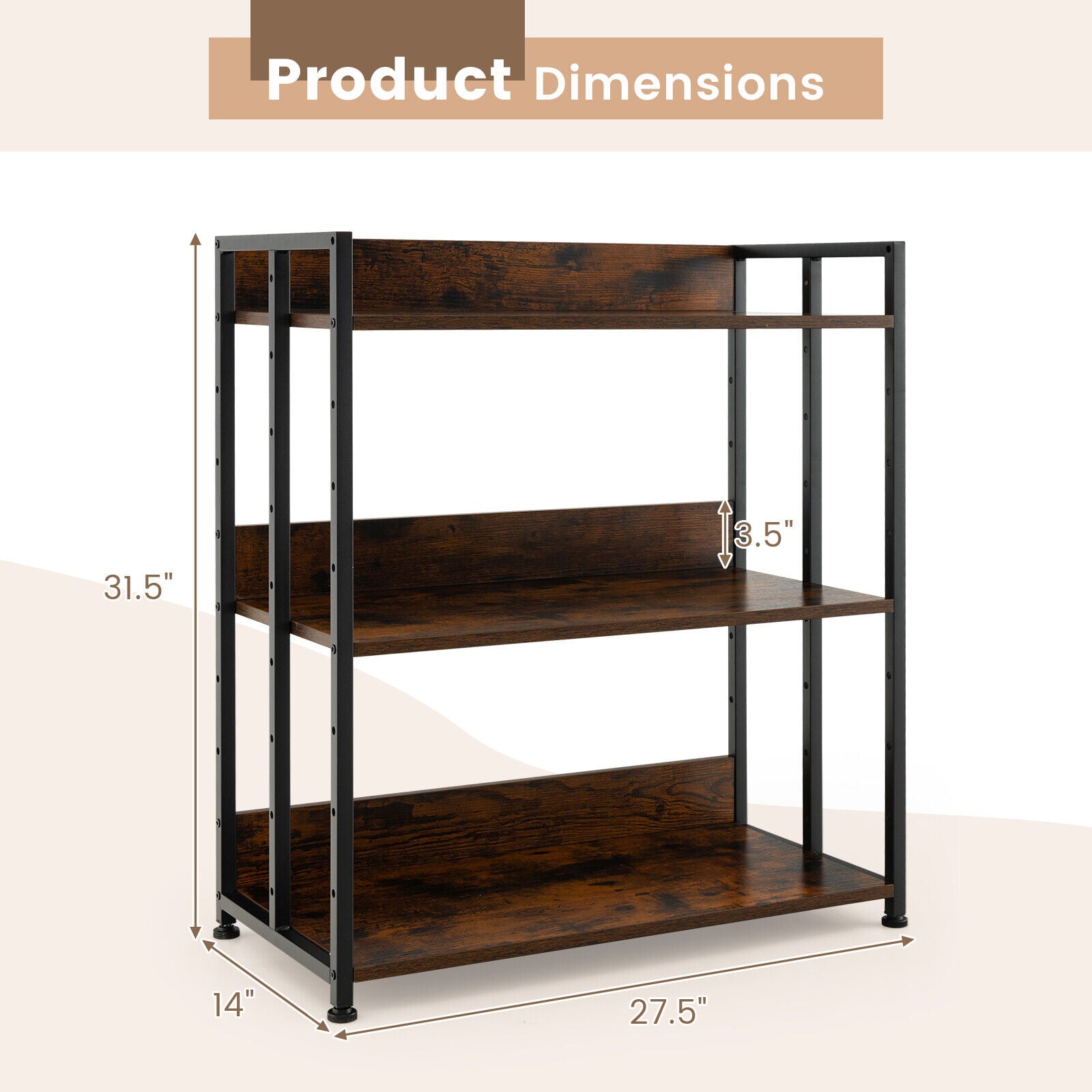 3/5-Tier Industrial Bookshelf Storage Shelf Display Rack with Adjustable Shelves-3-Tier, Brown Bookcases at Gallery Canada