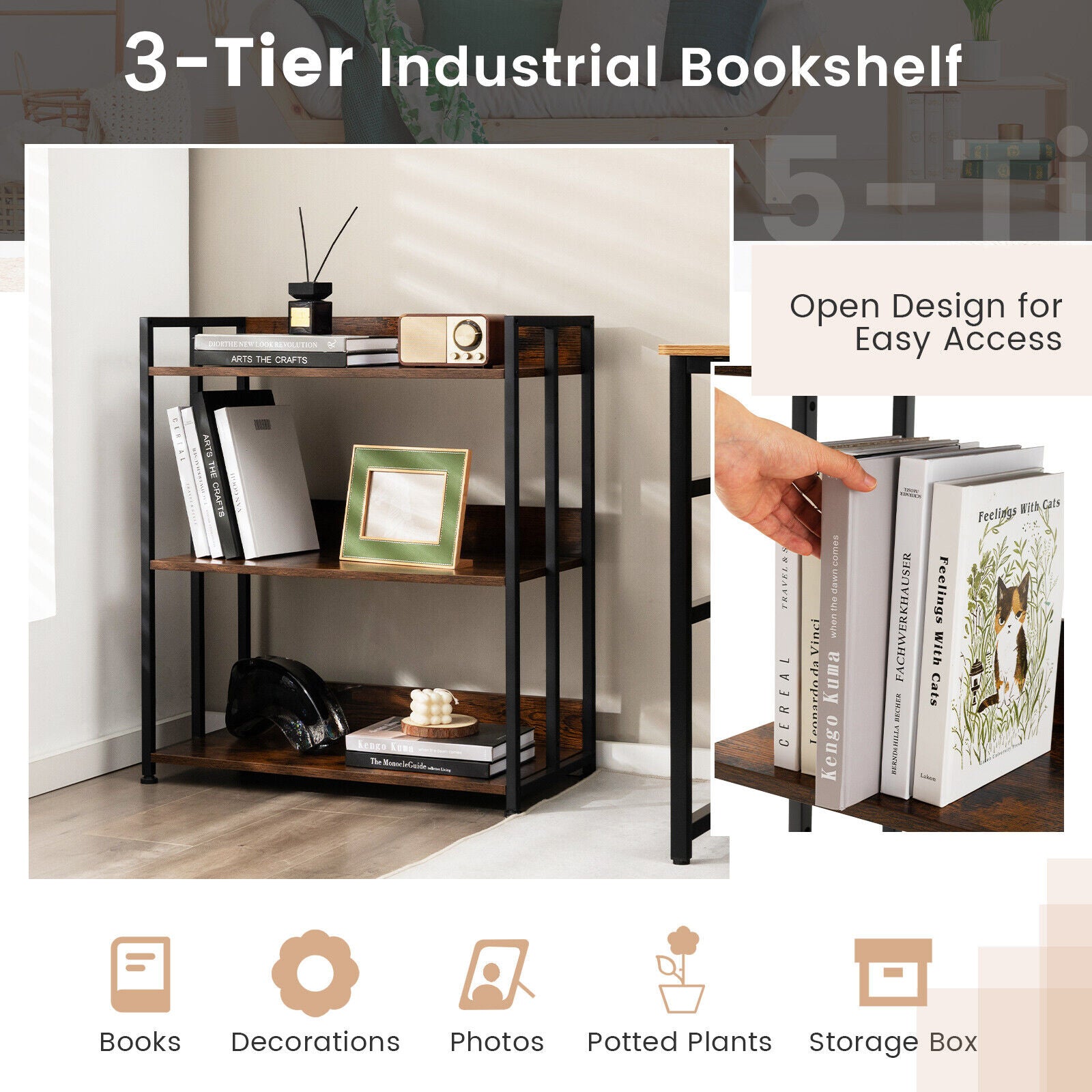3/5-Tier Industrial Bookshelf Storage Shelf Display Rack with Adjustable Shelves-3-Tier, Brown Bookcases at Gallery Canada