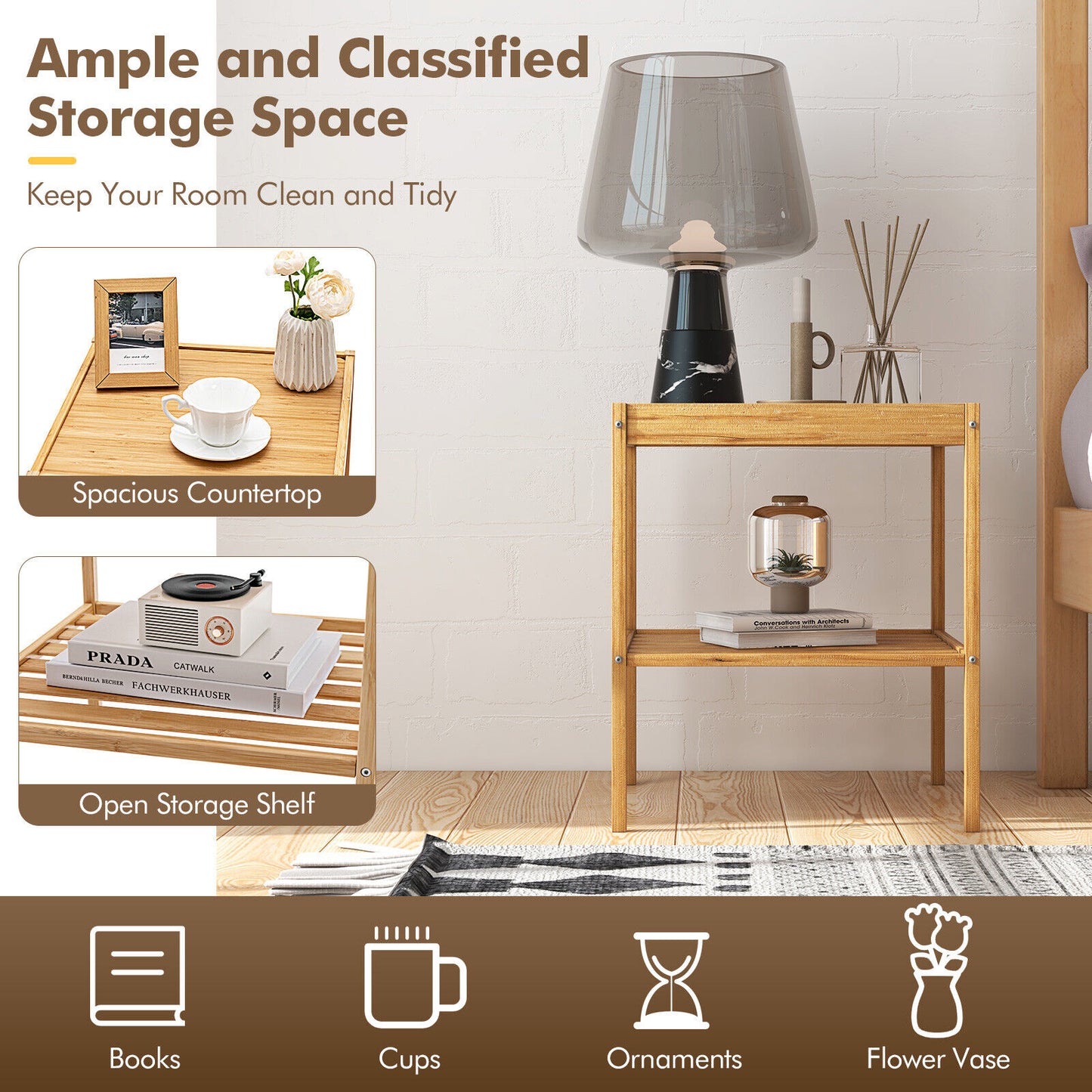 2 Tier Bamboo Nightstand, Natural, 2 Pieces Nightstands at Gallery Canada