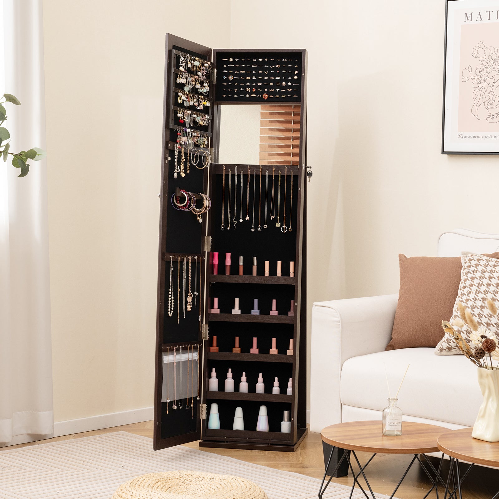 Lockable Jewelry Storage Organizer, Full-Length Mirror, Coffee Jewelry Armoires at Gallery Canada