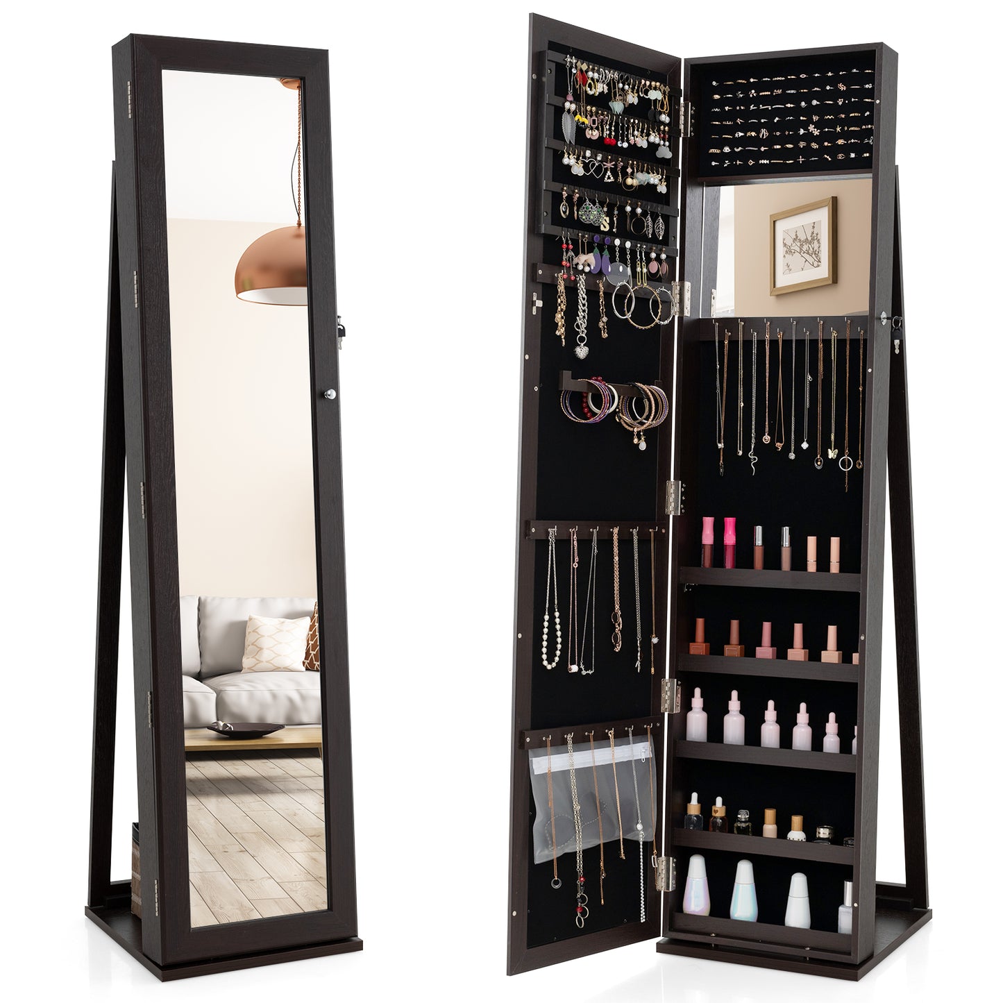 Lockable Jewelry Storage Organizer, Full-Length Mirror, Coffee Jewelry Armoires at Gallery Canada