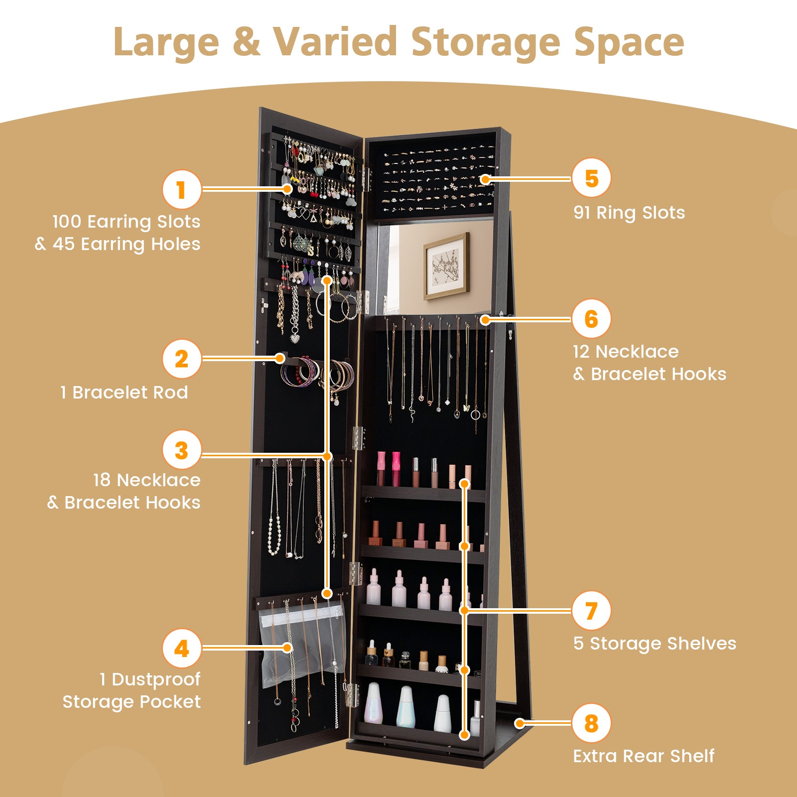Lockable Jewelry Storage Organizer, Full-Length Mirror, Coffee Jewelry Armoires at Gallery Canada